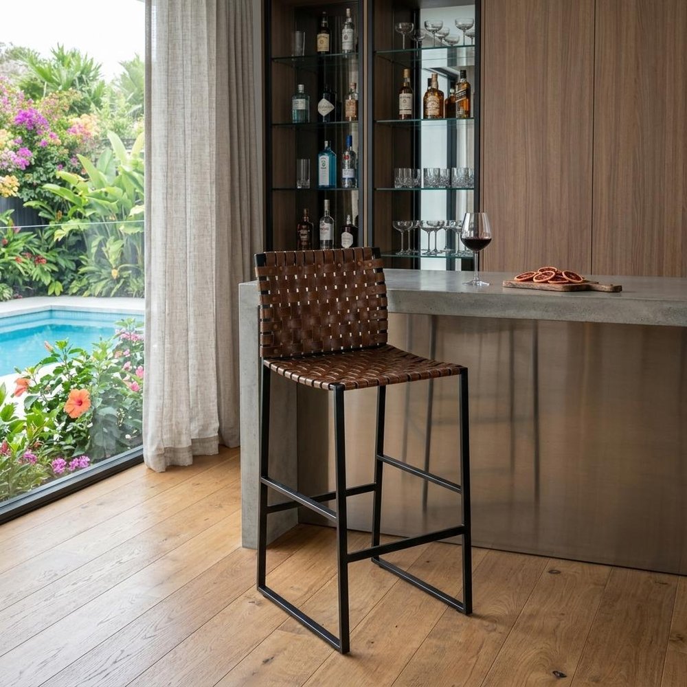 28" Brown and Black Leather and Iron Bar Chair