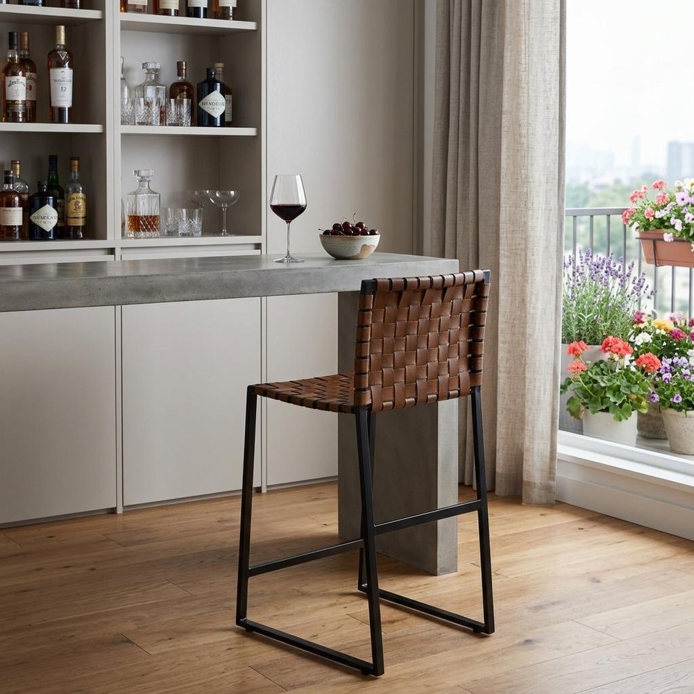 36" Brown and Black Leather and Iron Bar Chair