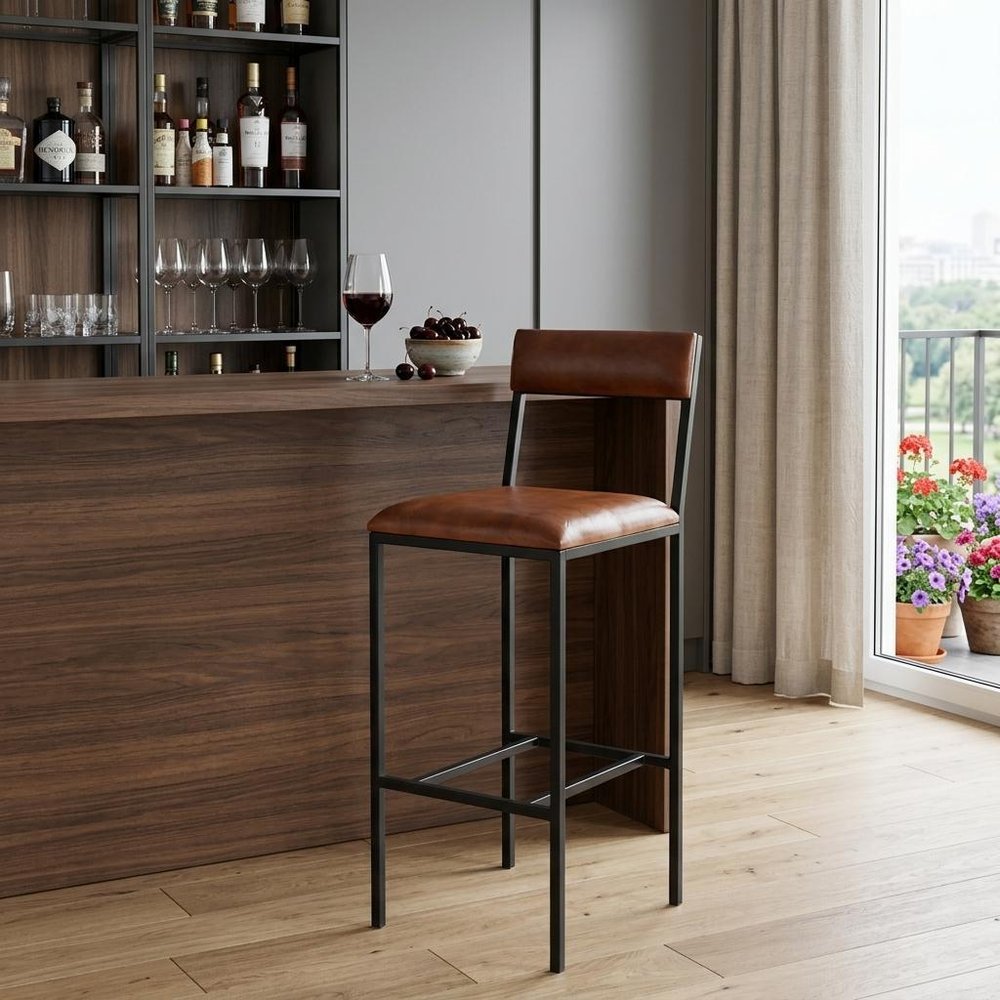 32" Brown and Black Manufactured Wood and Iron Bar Chair