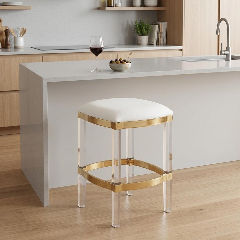 24" White and Clear Stainless Steel and Steel Backless Counter Height Bar Chair