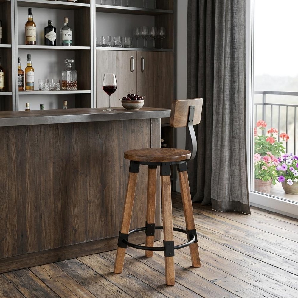 28" Brown and Natural Solid Wood and Iron Bar Chair