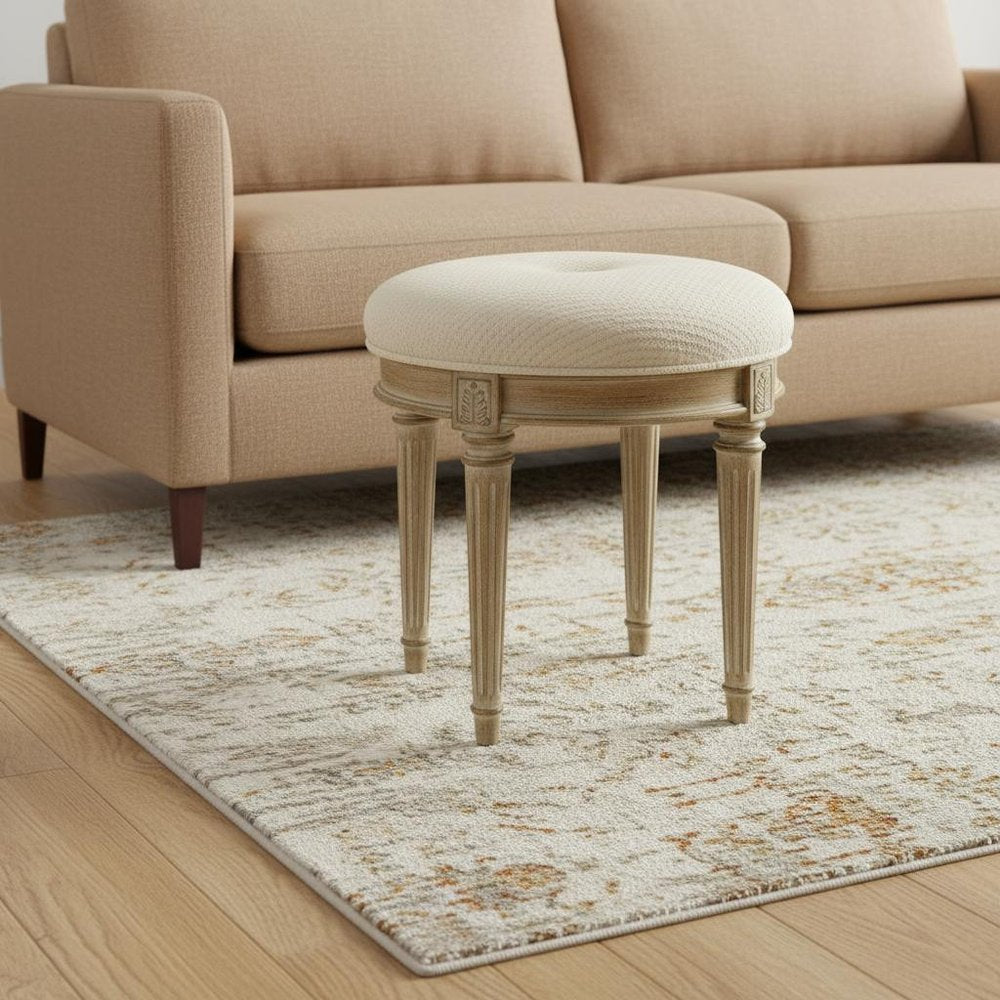 18" Ivory Polyester Blend And Brown Ottoman