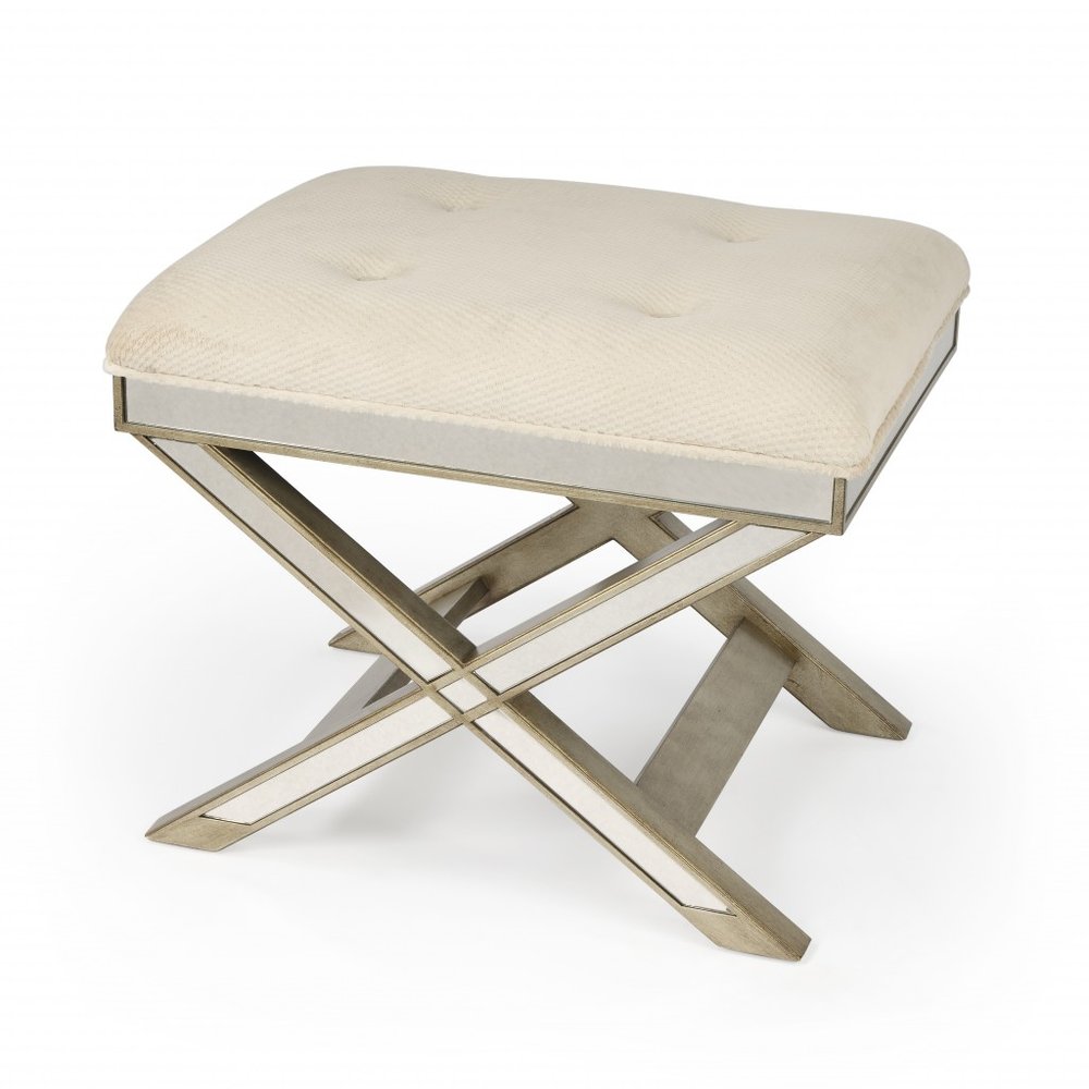 26" Ivory Cotton and Brown Tufted Ottoman