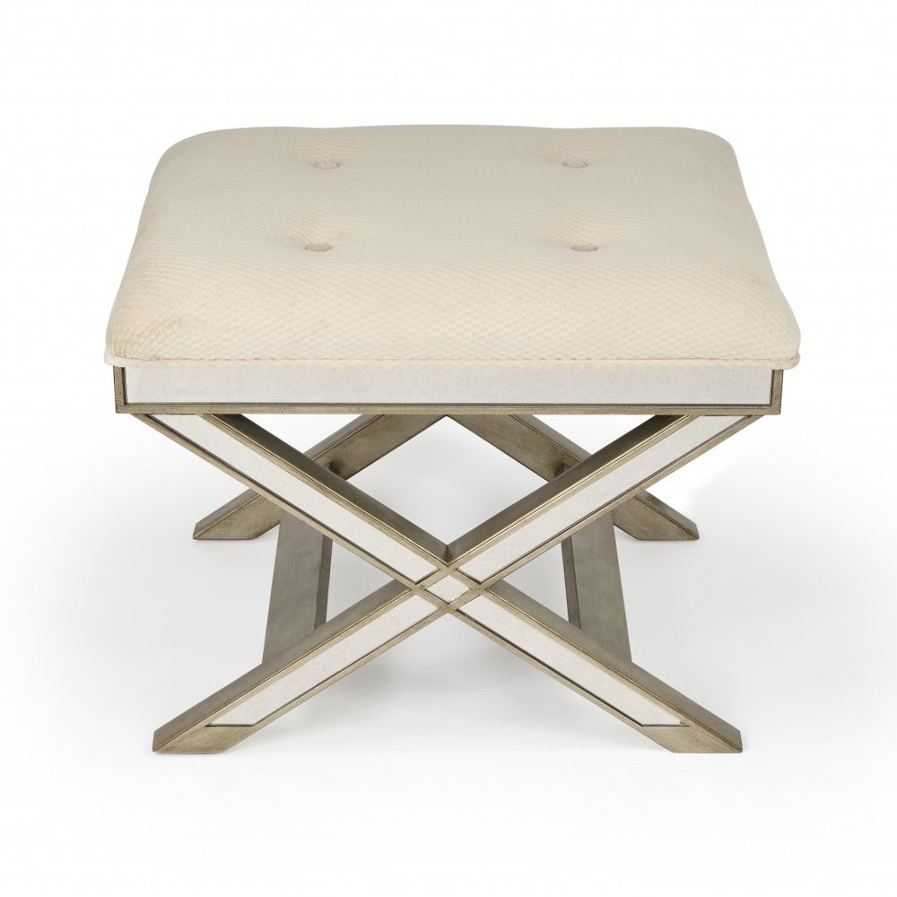 26" Ivory Cotton and Brown Tufted Ottoman