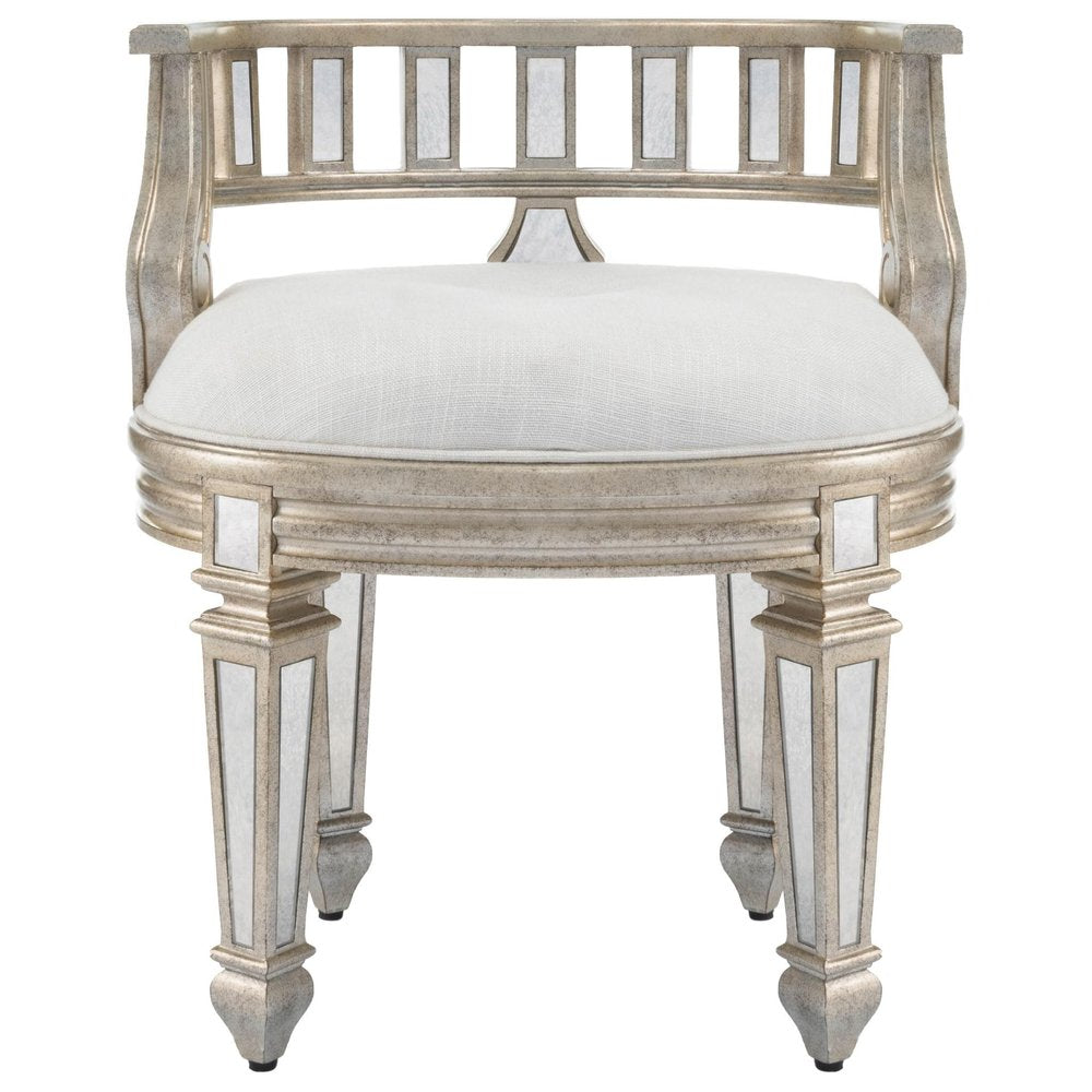 21" Cream Linen And Silver Metallic Round Ottoman