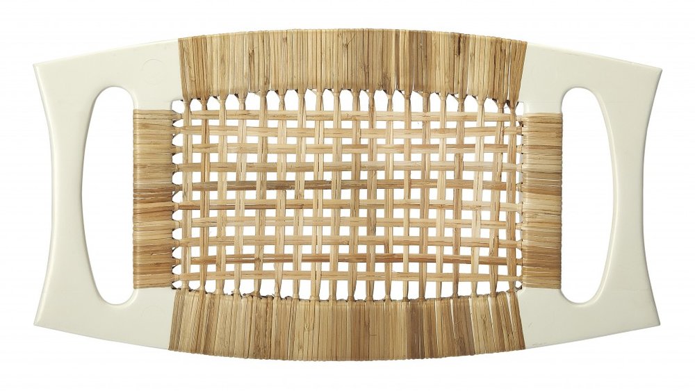 26" Natural and White Solid Wood Footstool
