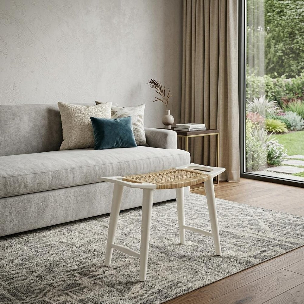 26" Natural and White Solid Wood Footstool
