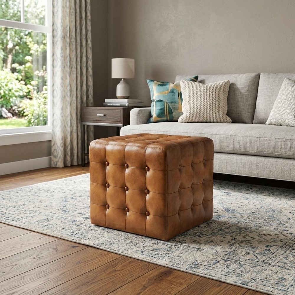 18" Brown Tufted Leather Vintage Style Cube Ottoman