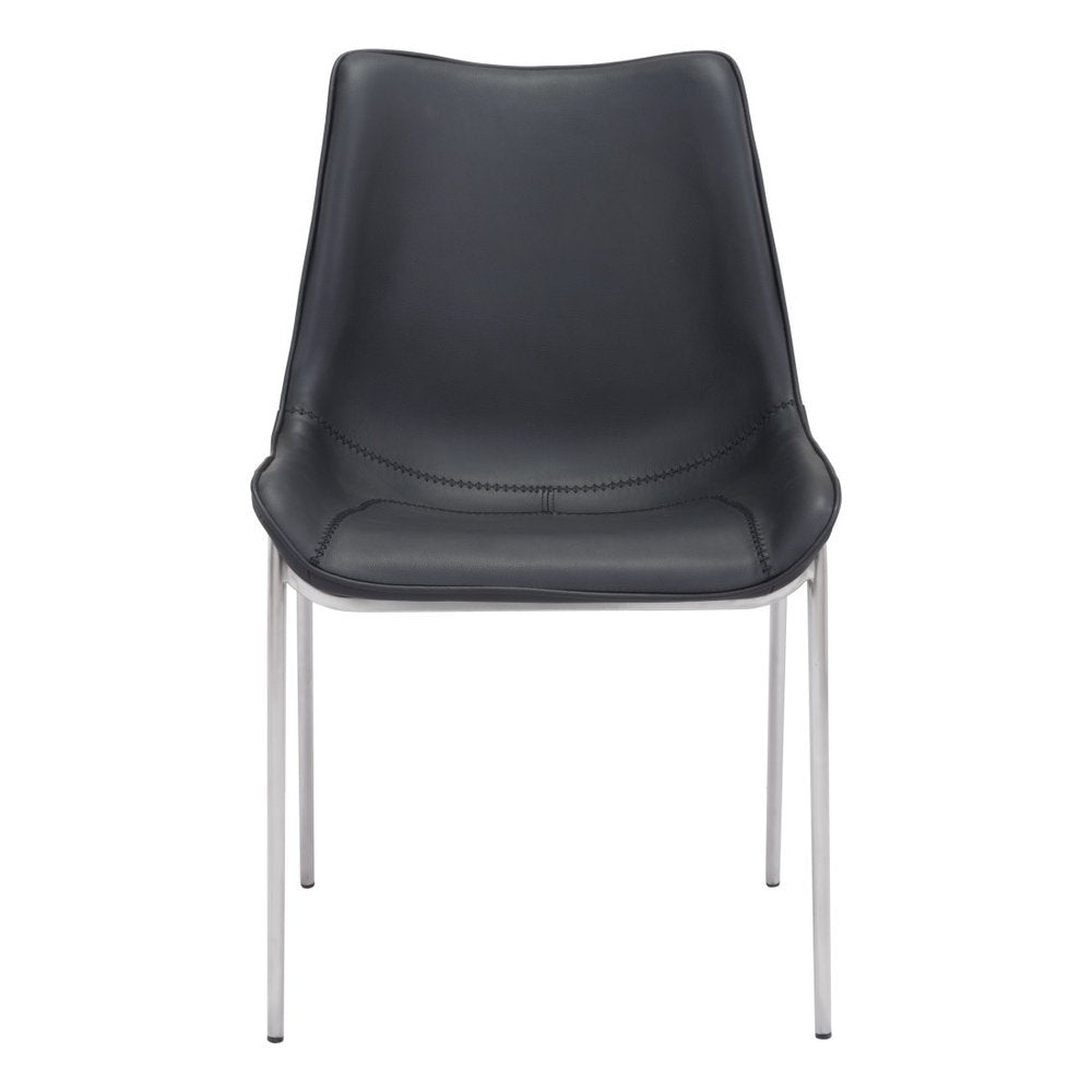 Set of Two Black and Silver Upholstered Faux Leather Dining Side Chairs