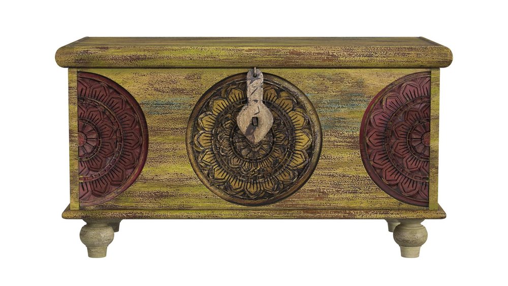 33" Brown and Green Wood Distressed Coffee Table