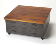 36" Brown and Gray Solid Wood and Metal Square Coffee Table With Three Drawers