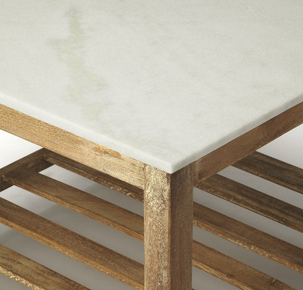 24" Off White and Brown Genuine Marble and Wood Square Coffee Table With Shelf