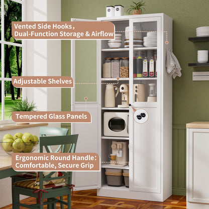 Tall Metal Kitchen Pantry Cabinet With Adjustable Shelves And Silent Magnetic Doors - White