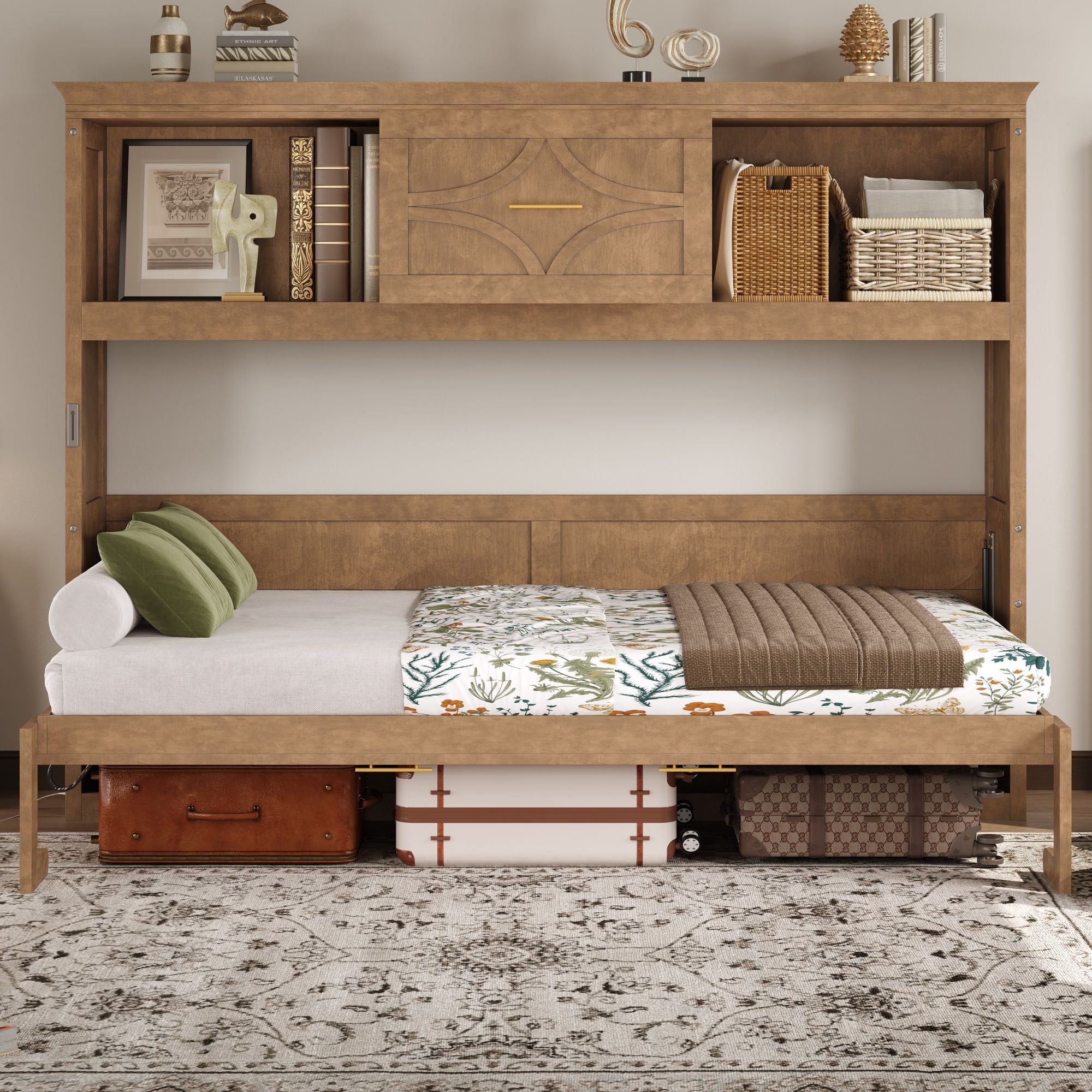 Twin Size Murphy Bed With Charging Station And Drawer - Wood