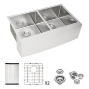 Double Bowl Farmhouse Sink, Stainless Steel Apron Front Kitchen Sink 16 Gauge - Brushed Nickel
