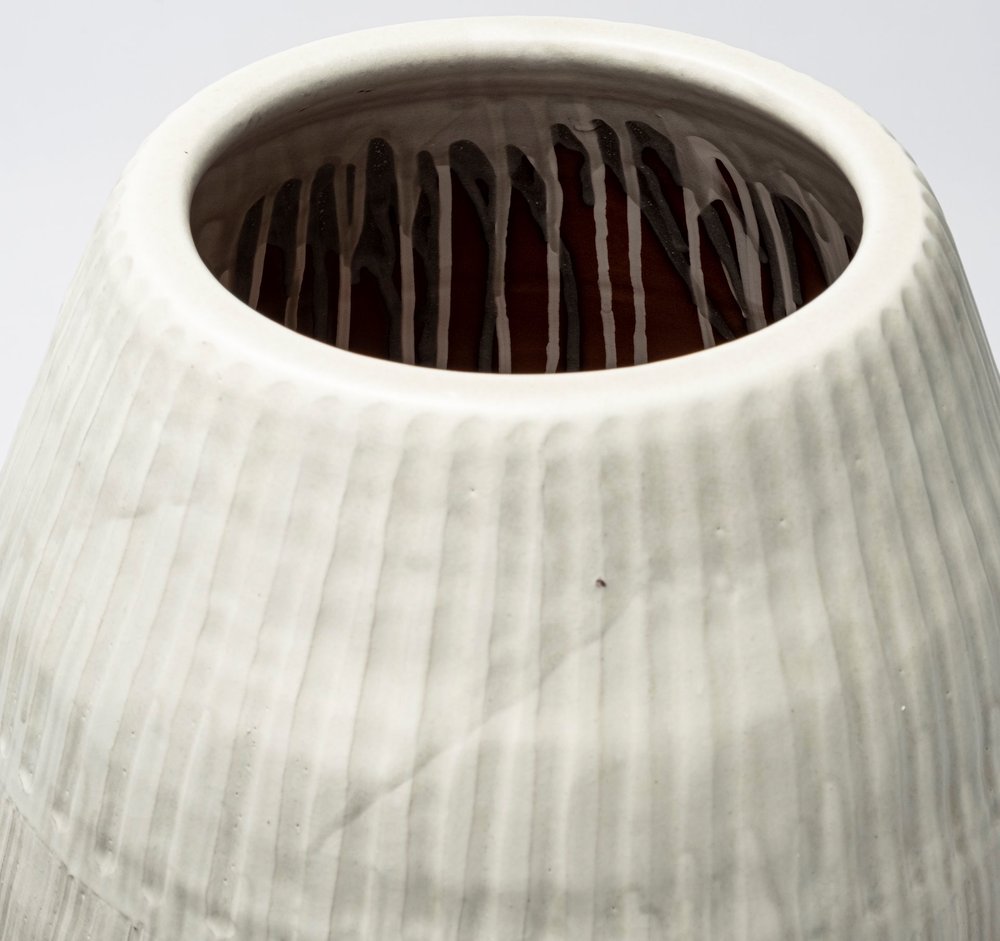 21" White Striped Ceramic Cylinder Floor Vase