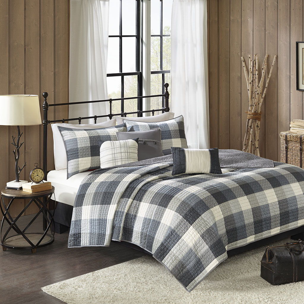 Ridge - 6 Piece Full Reversible Herringbone Coverlet Set - Gray