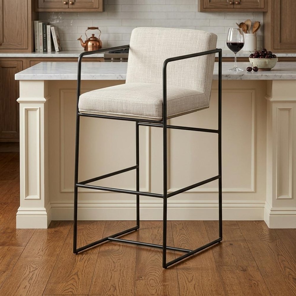 29" Beige and Black Fabric and Metal Counter Height Bar Chair
