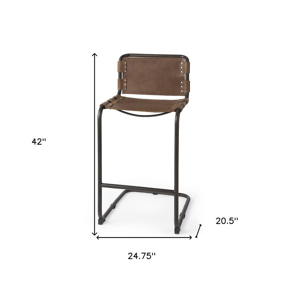 35" Brown and Black Leather and Metal Bar Chair
