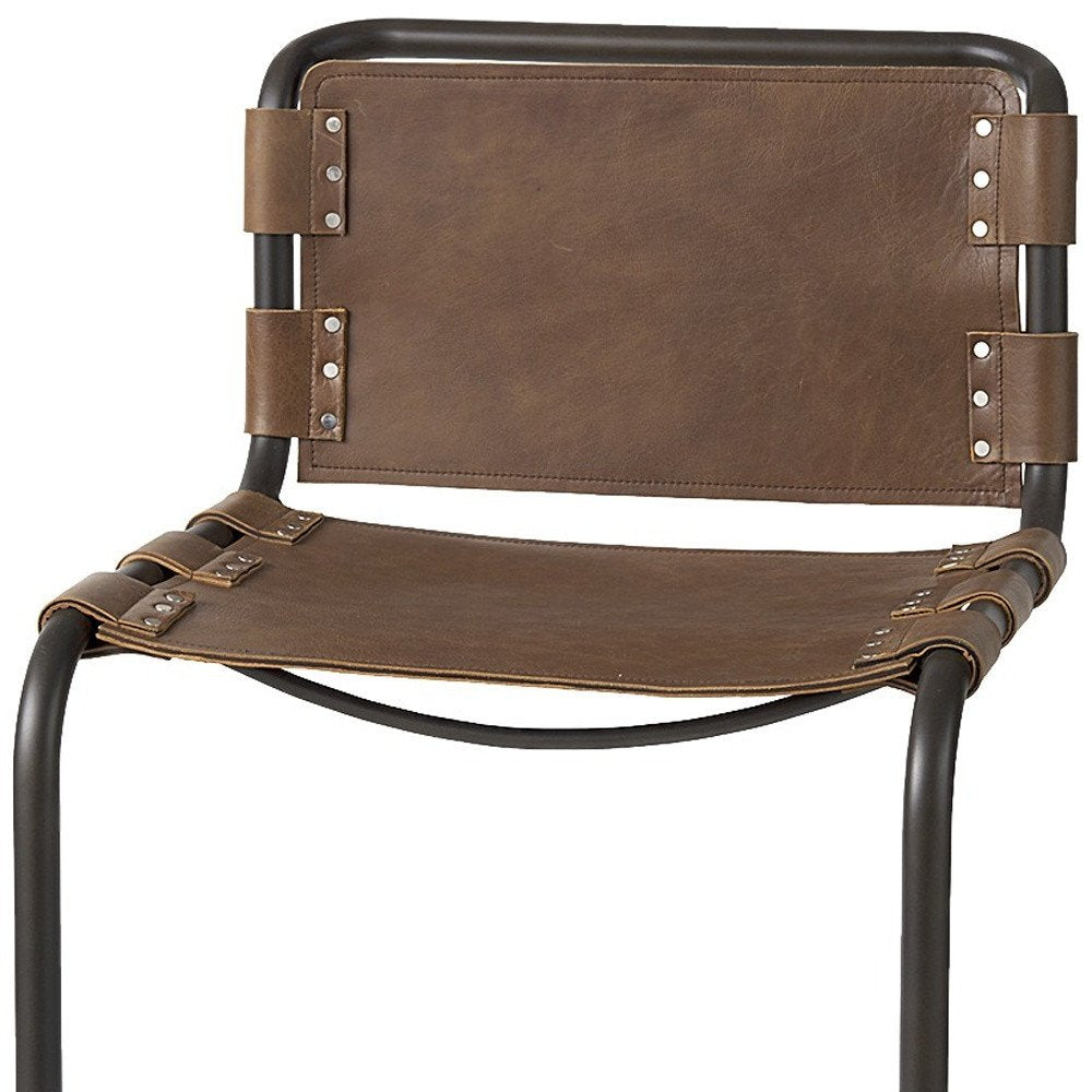 35" Brown and Black Leather and Metal Bar Chair