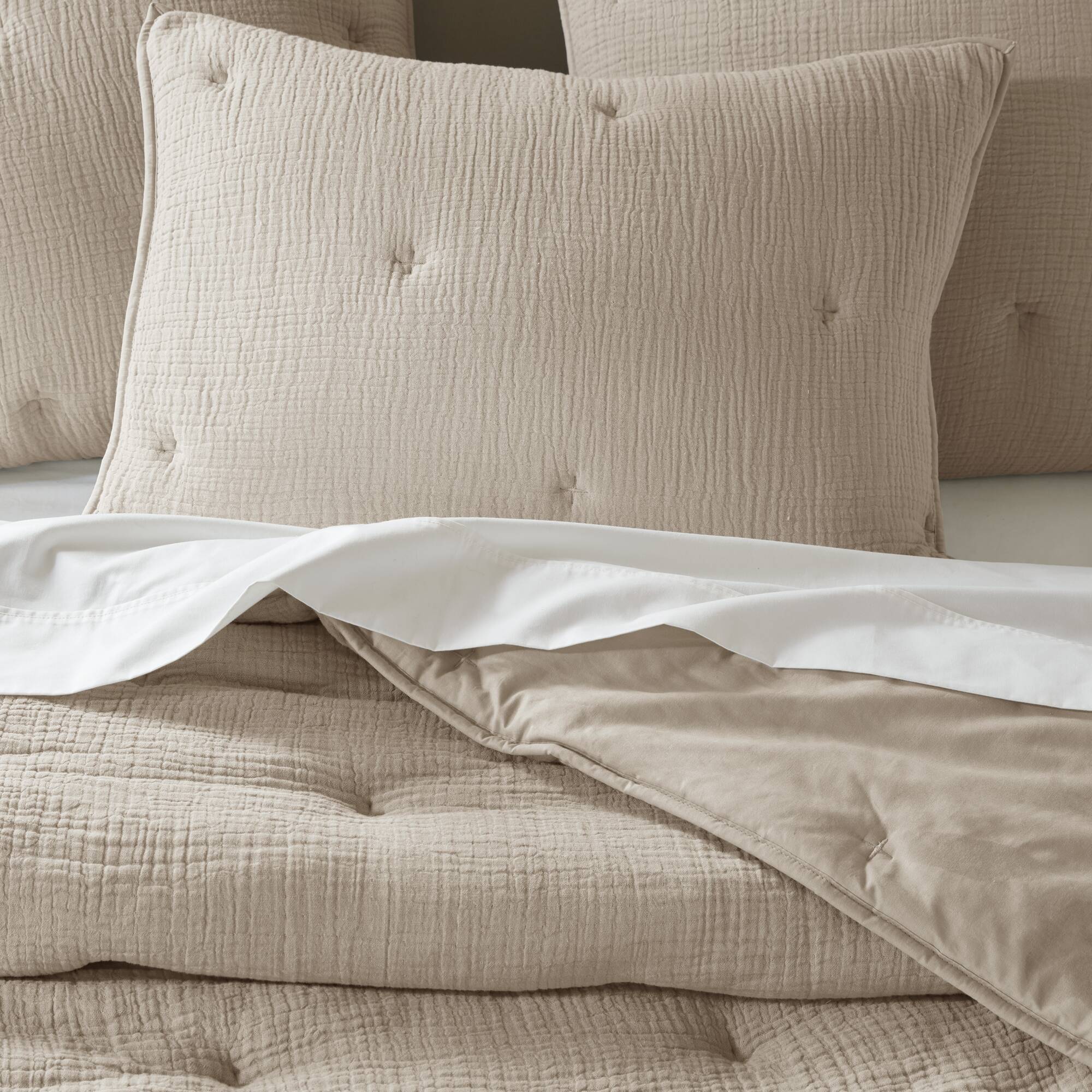Breeze - Full/Queen Cotton Gauze Embroidered Quilt Set - Taupe