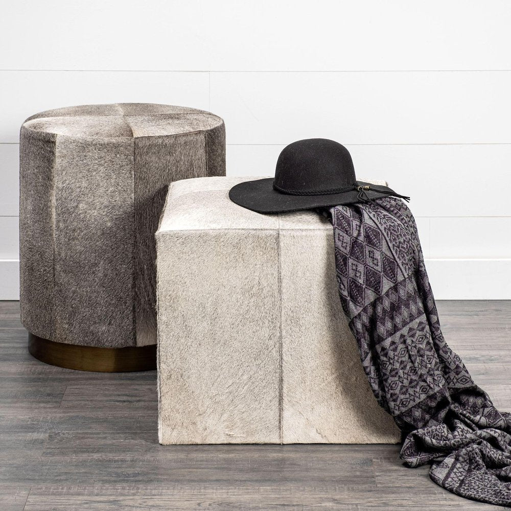 20" Gray Wool And Brown Footstool Ottoman