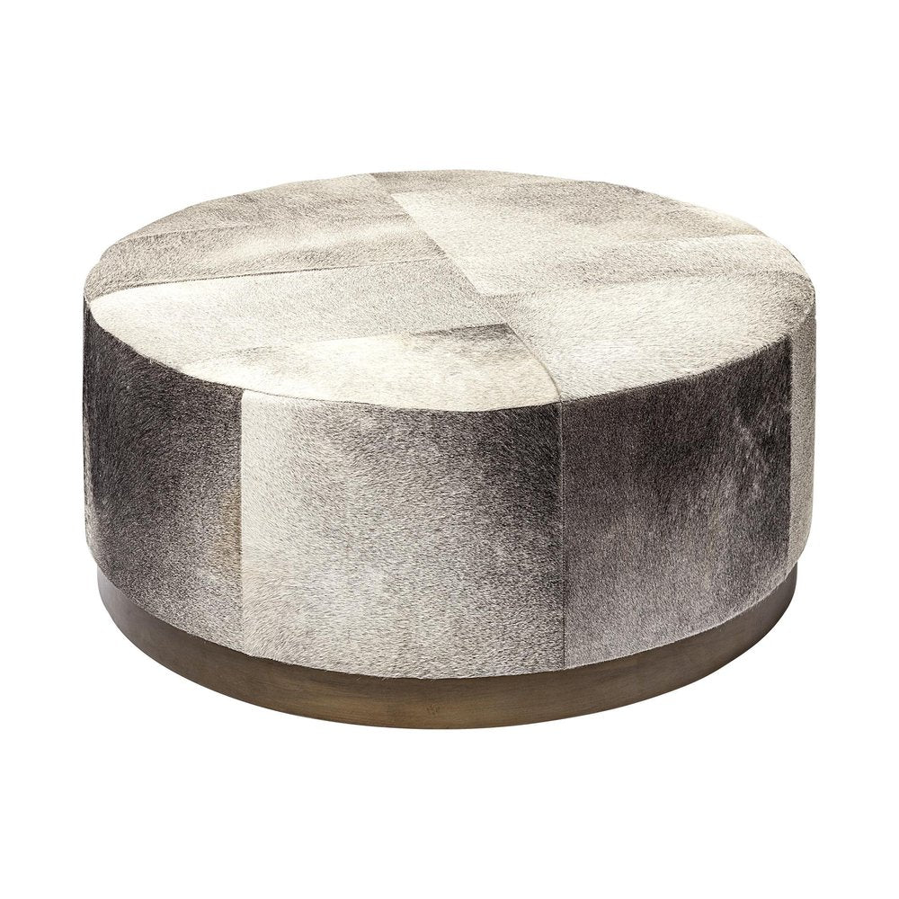 36" Gray Wool And Brown Footstool Ottoman