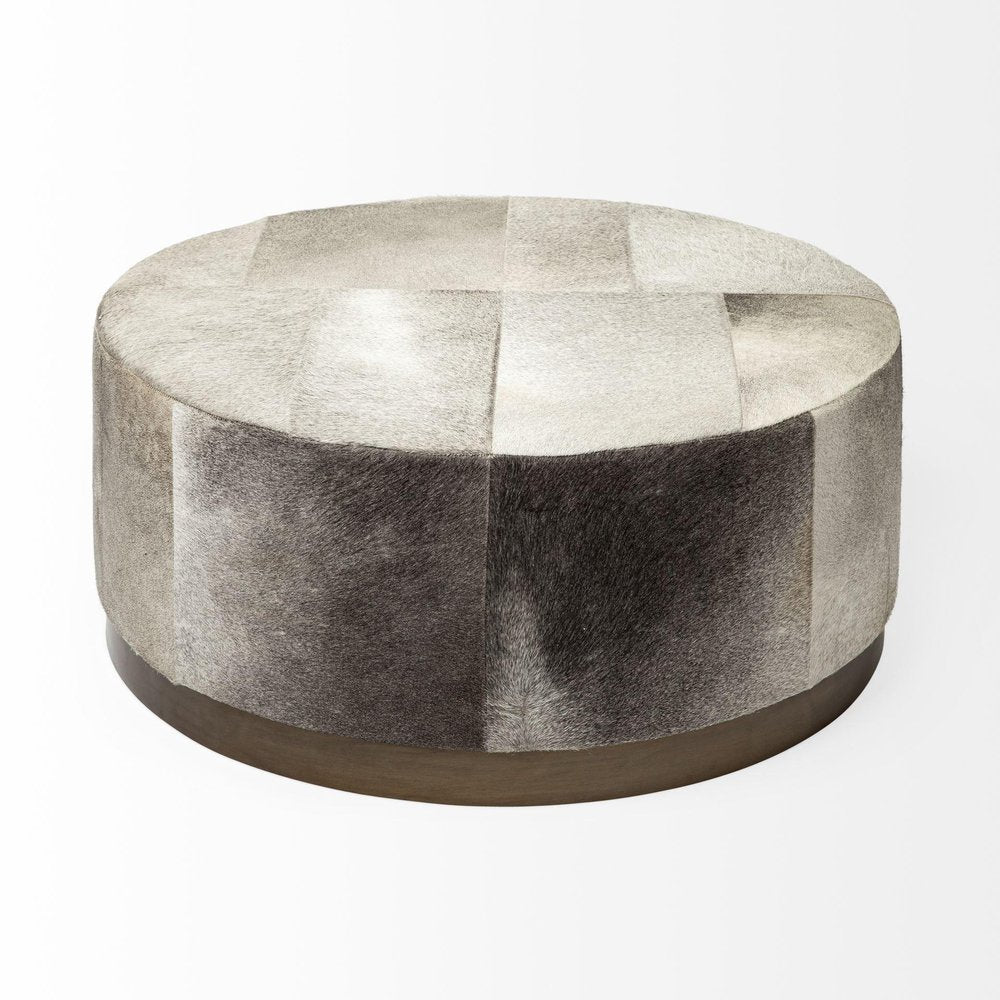 36" Gray Wool And Brown Footstool Ottoman