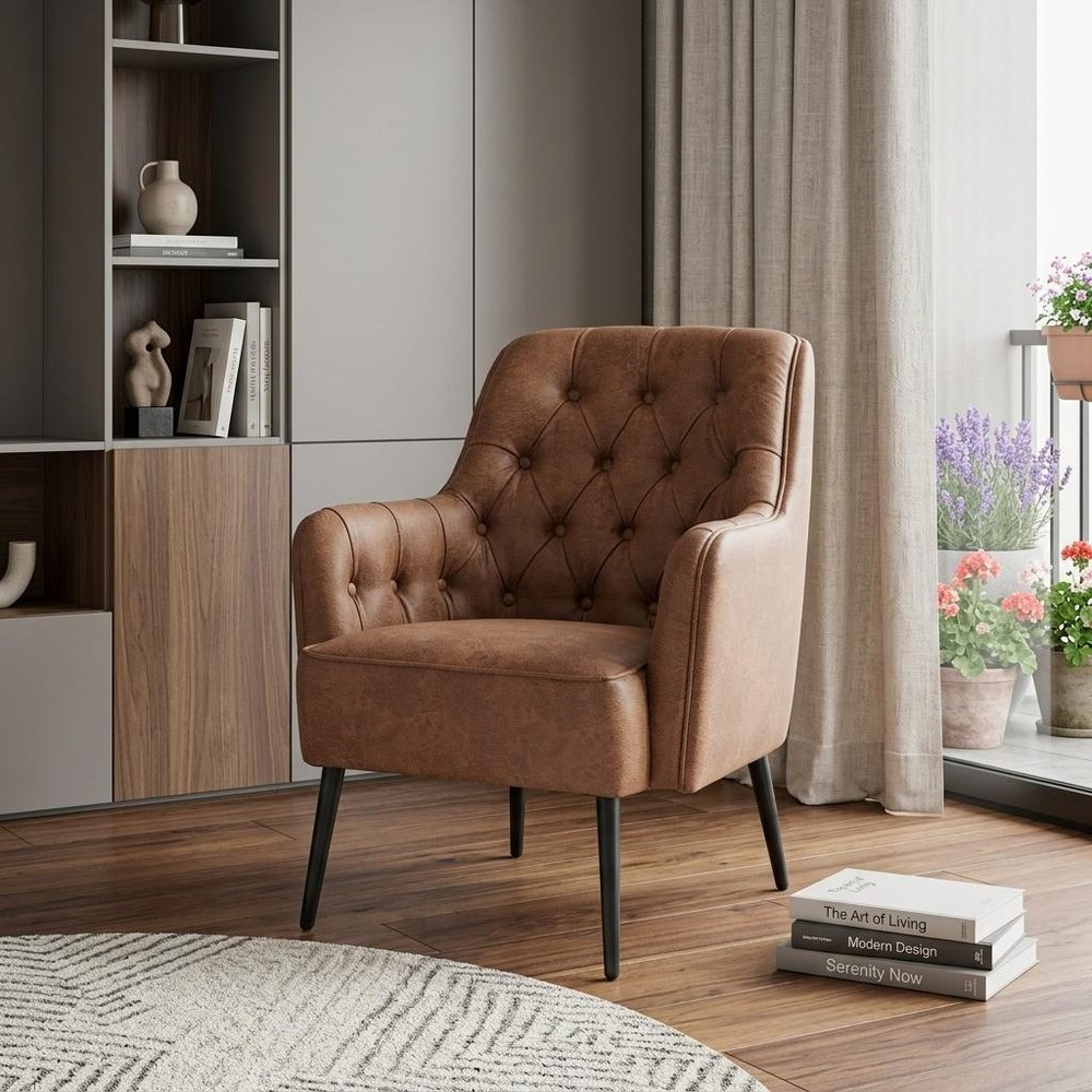 29" Brown And Black Faux Leather And Upholstered Tufted Chesterfield Chair