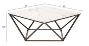36" White and Antiqued Brass Faux Marble And Steel Square Abstract Coffee Table