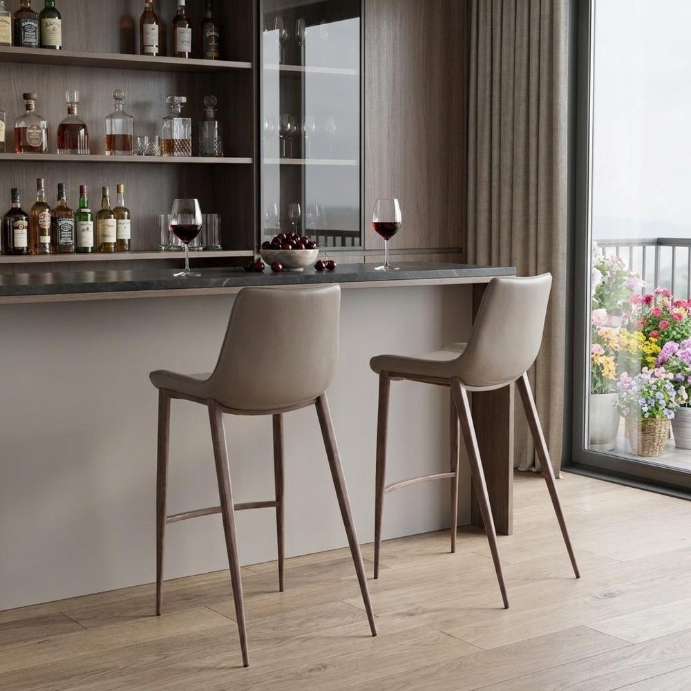 Set of Two 30" Gray And Brown Steel Low Back Bar Height Bar Chairs