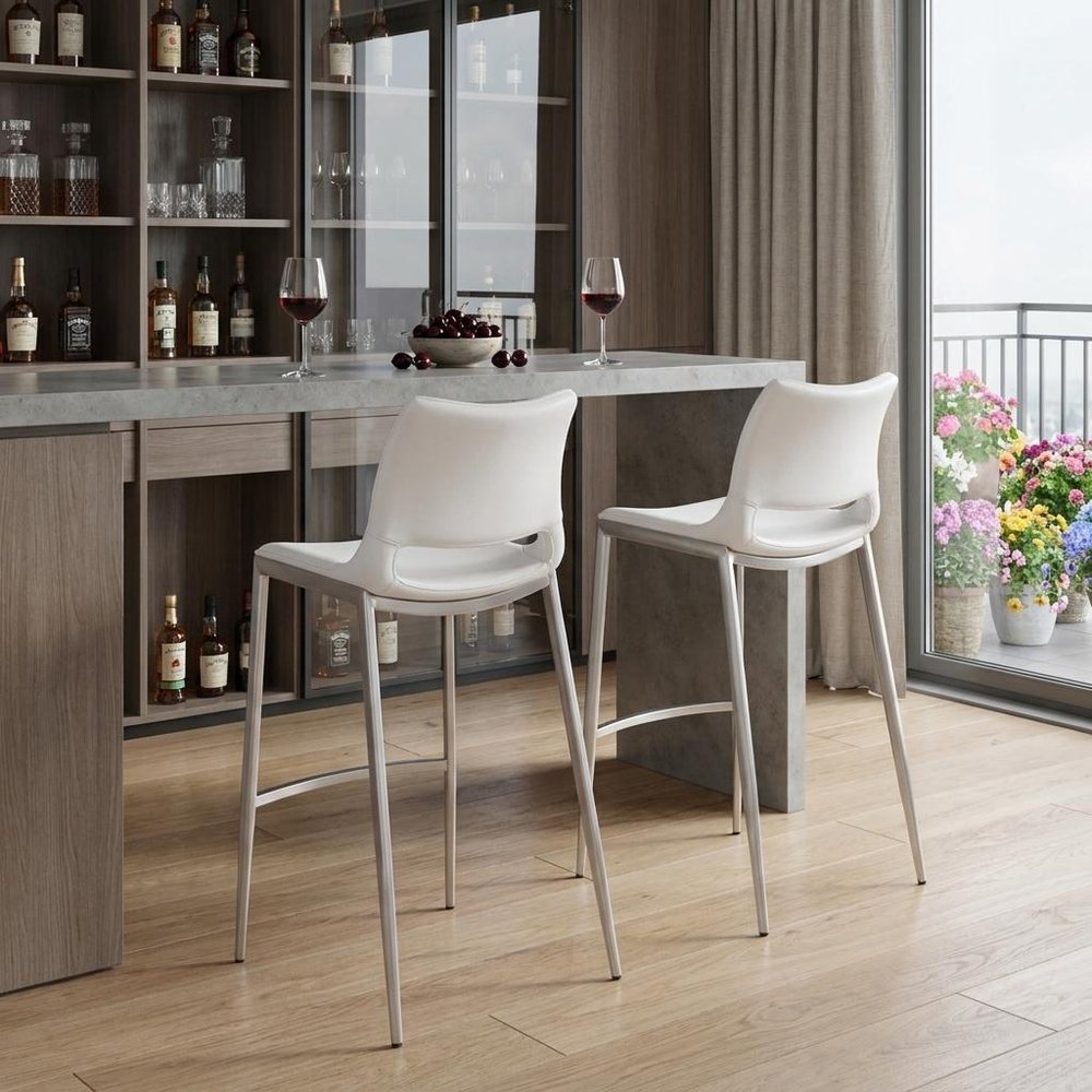 Set of Two 29" White And Silver Steel Low Back Bar Height Bar Chairs