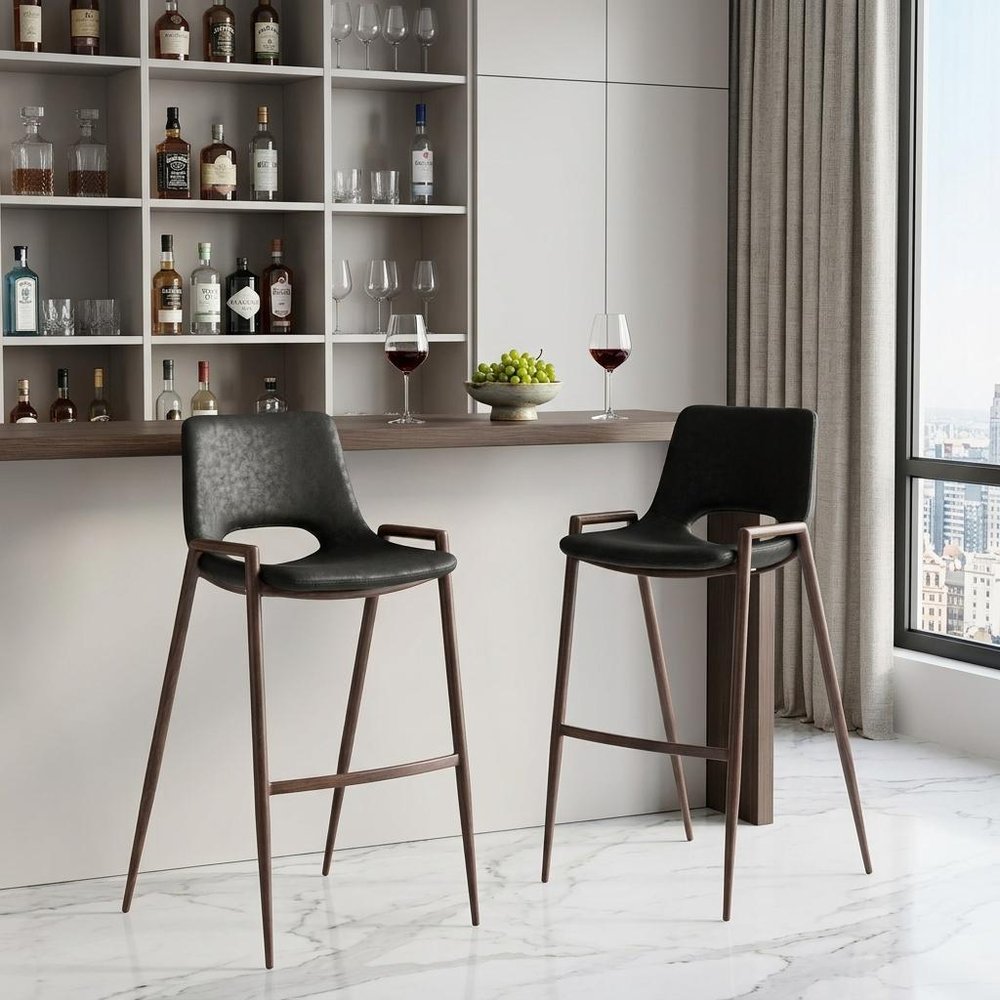 Set of Two 29 " Black And Brown Steel Low Back Bar Height Bar Chairs