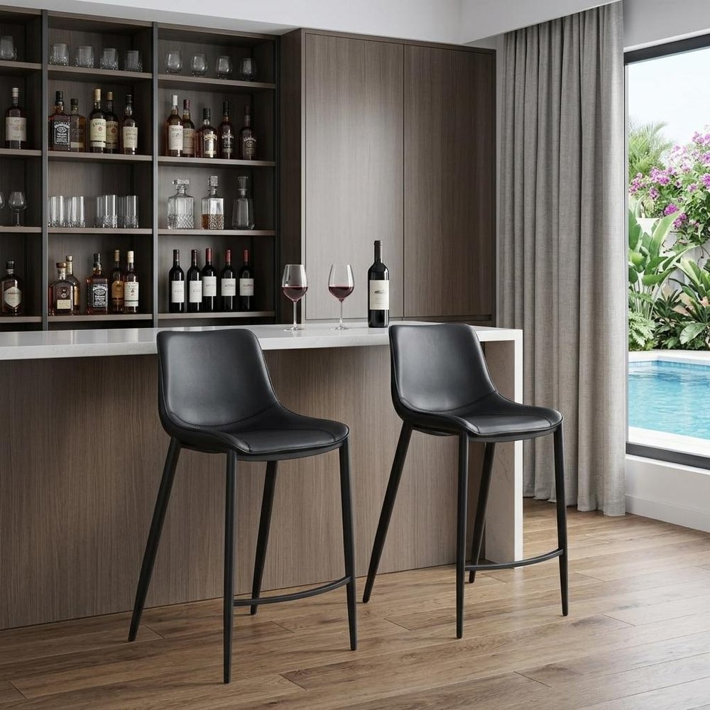 Set of Two 30" Black Faux Leather and Steel Low Back Bar Height Bar Chairs