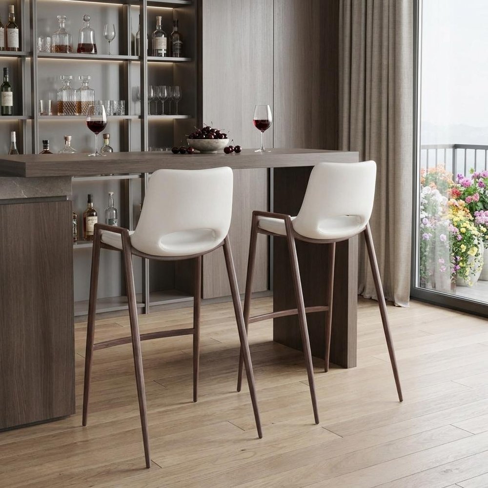 Set of Two 29" White And Brown Steel Low Back Bar Height Bar Chairs