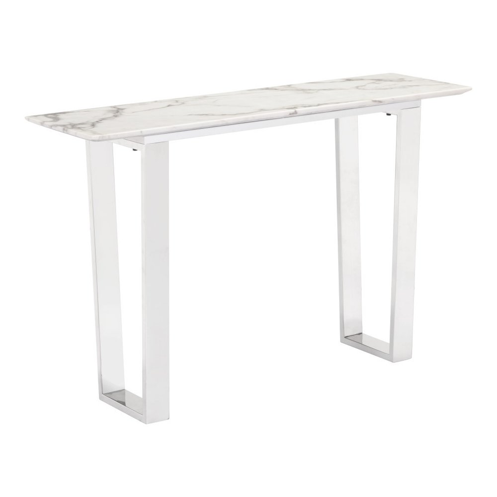 47" White and Silver Faux Marble and Stainless Steel Sled Console Table