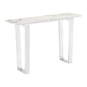 47" White and Silver Faux Marble and Stainless Steel Sled Console Table