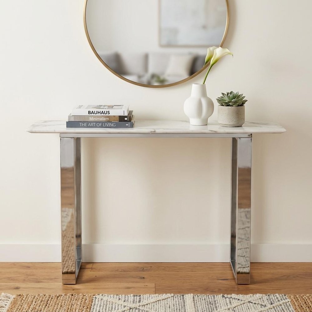47" White and Silver Faux Marble and Stainless Steel Sled Console Table