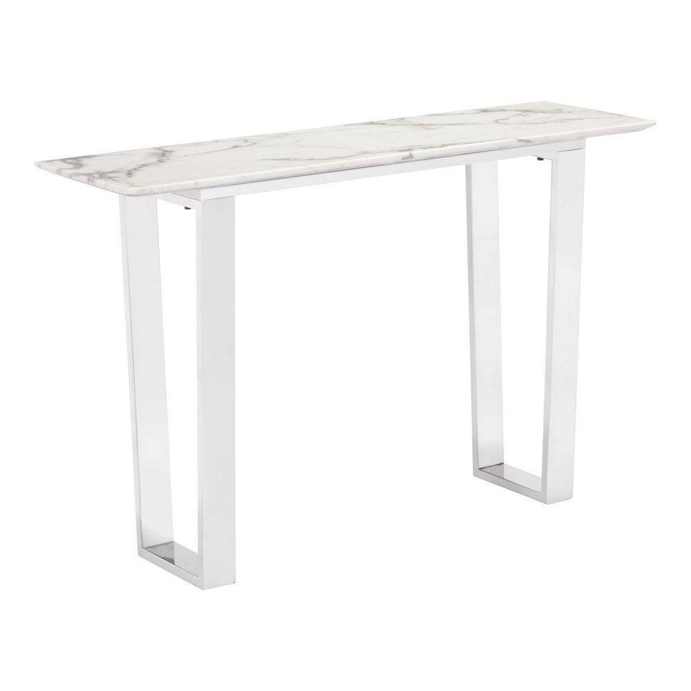 47" White and Silver Faux Marble and Stainless Steel Sled Console Table