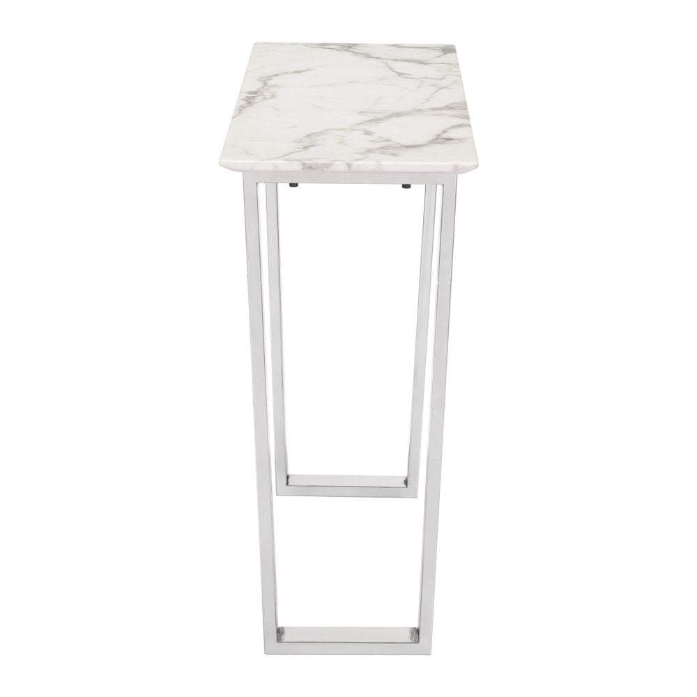 47" White and Silver Faux Marble and Stainless Steel Sled Console Table