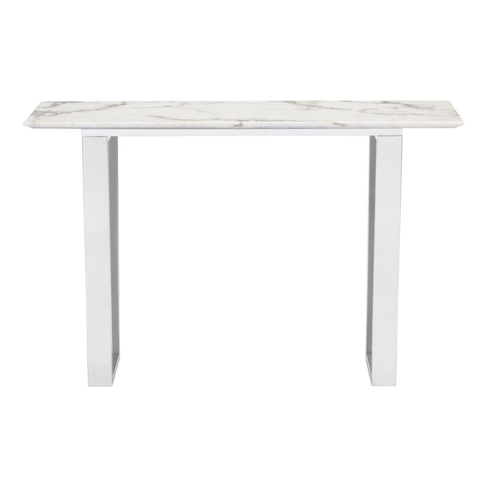 47" White and Silver Faux Marble and Stainless Steel Sled Console Table