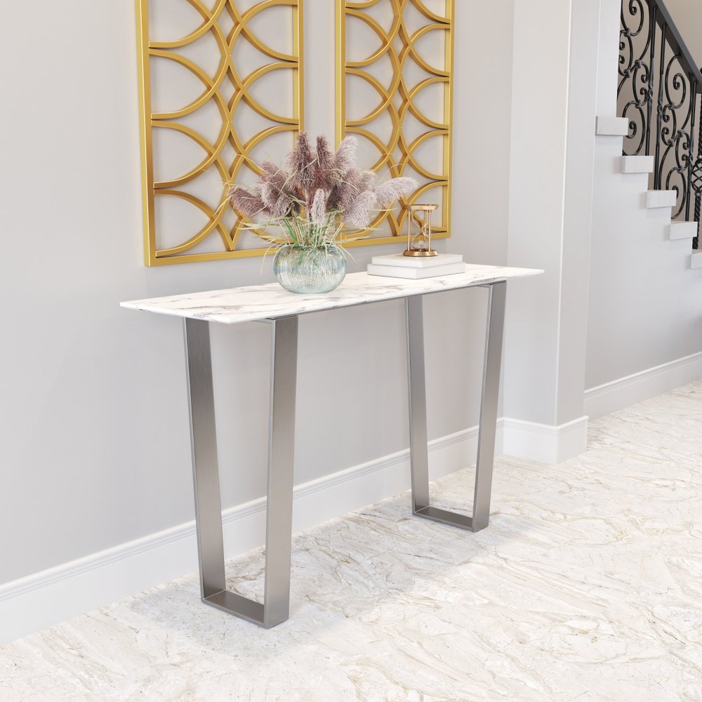 47" White and Silver Faux Marble and Stainless Steel Sled Console Table