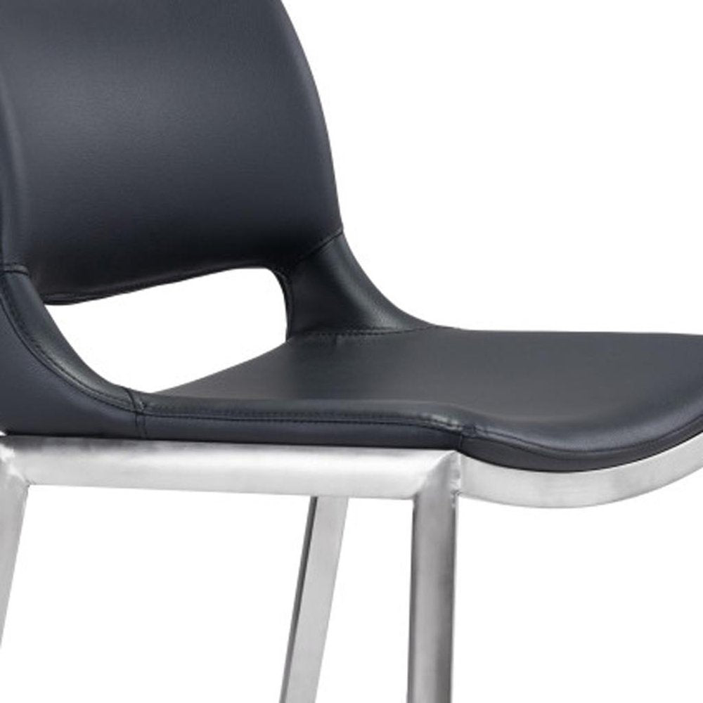 Set of Two 25" Black And Silver Faux Leather And Steel Low Back Counter Height Bar Chairs