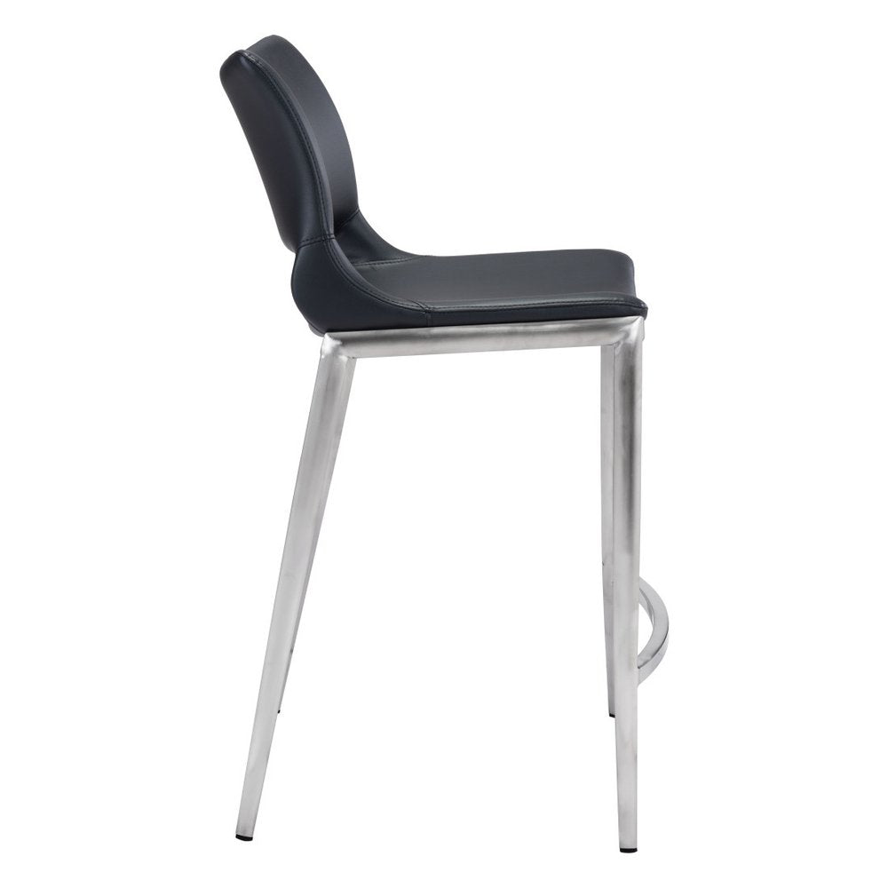 Set of Two 25" Black And Silver Faux Leather And Steel Low Back Counter Height Bar Chairs