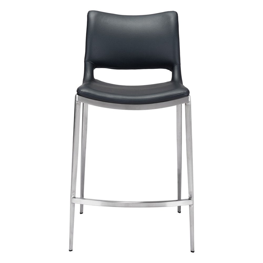 Set of Two 25" Black And Silver Faux Leather And Steel Low Back Counter Height Bar Chairs
