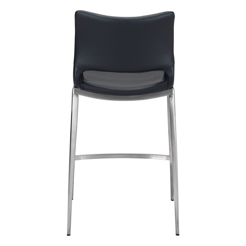 Set of Two 25" Black And Silver Faux Leather And Steel Low Back Counter Height Bar Chairs