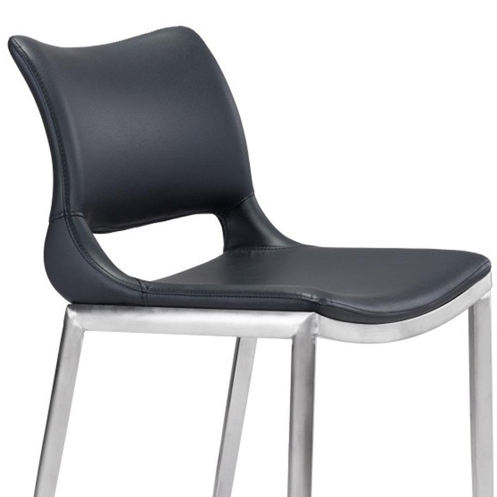 Set of Two 25" Black And Silver Faux Leather And Steel Low Back Counter Height Bar Chairs