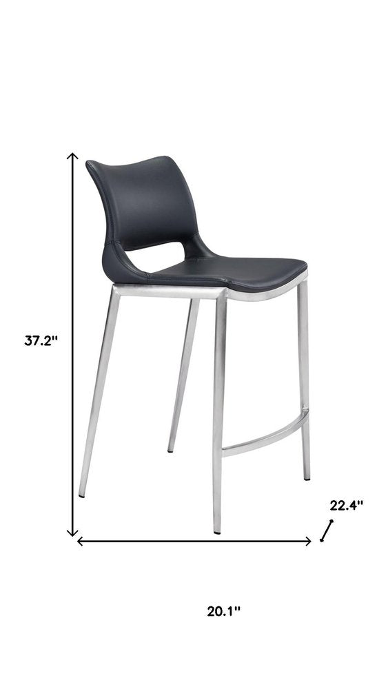 Set of Two 25" Black And Silver Faux Leather And Steel Low Back Counter Height Bar Chairs