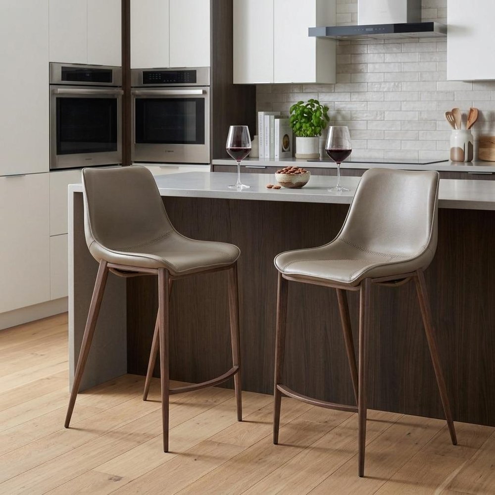 Set of Two 26" Gray and Brown Faux Leather and Steel Low Back Counter Height Bar Chairs
