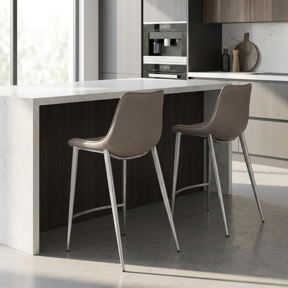 Set of Two 26" Gray And Silver Steel Low Back Counter Height Bar Chairs